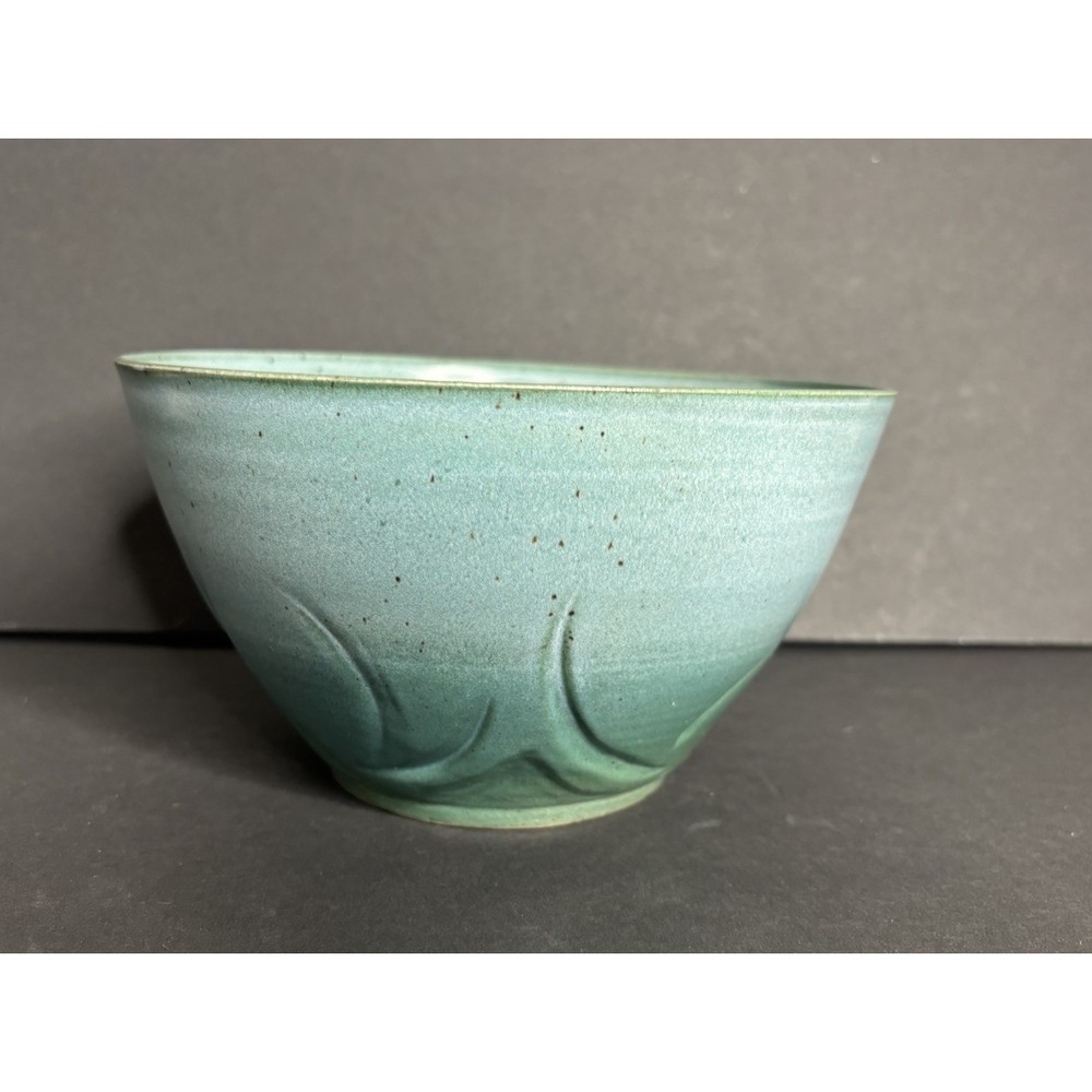 Studio Pottery Bowl Serving Teal Blue  Handmade Signed Swirl Design Ombre